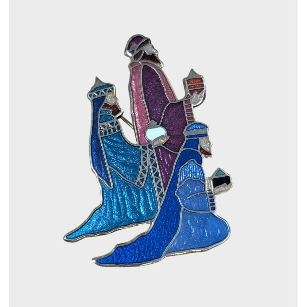 Vintage Christmas Brooch Pin Purple Red Aqua Enamel Wise Men Gold-tone 2"